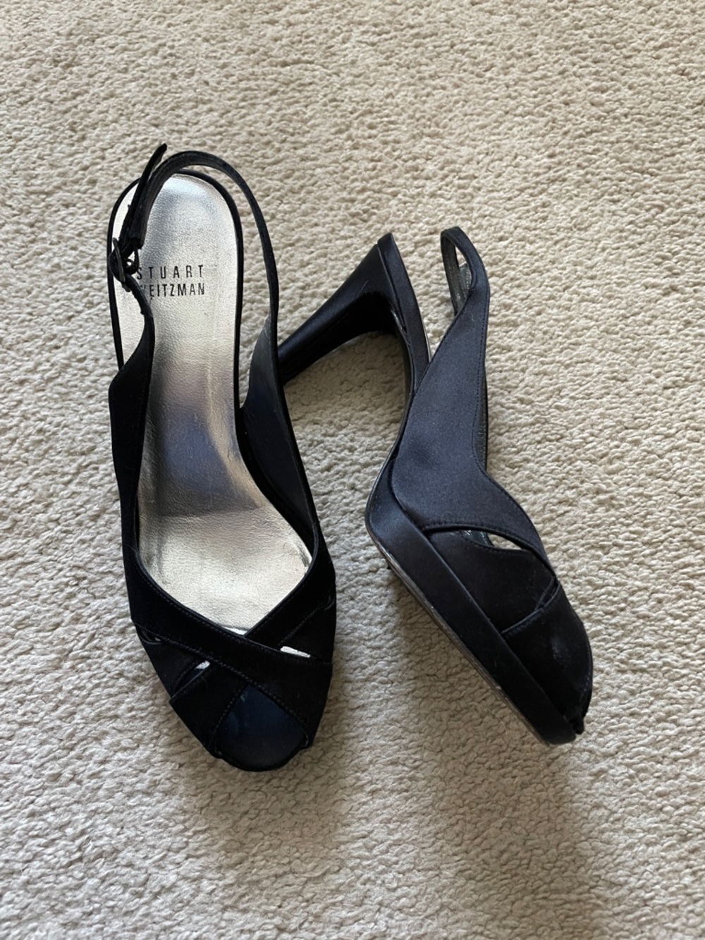 Black satin Stuart Weitzman heels, size 36.5